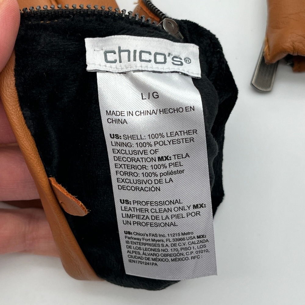 Chico's Gloves Women L/G Brown Leather Quilted Tech Friendly Zippered Moto Style - Picture 6 of 10